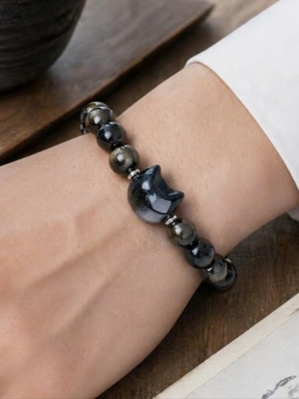 💙 2 For $40 Black Obsidian Beaded Cat Charm Stretch Bracelet 8mm